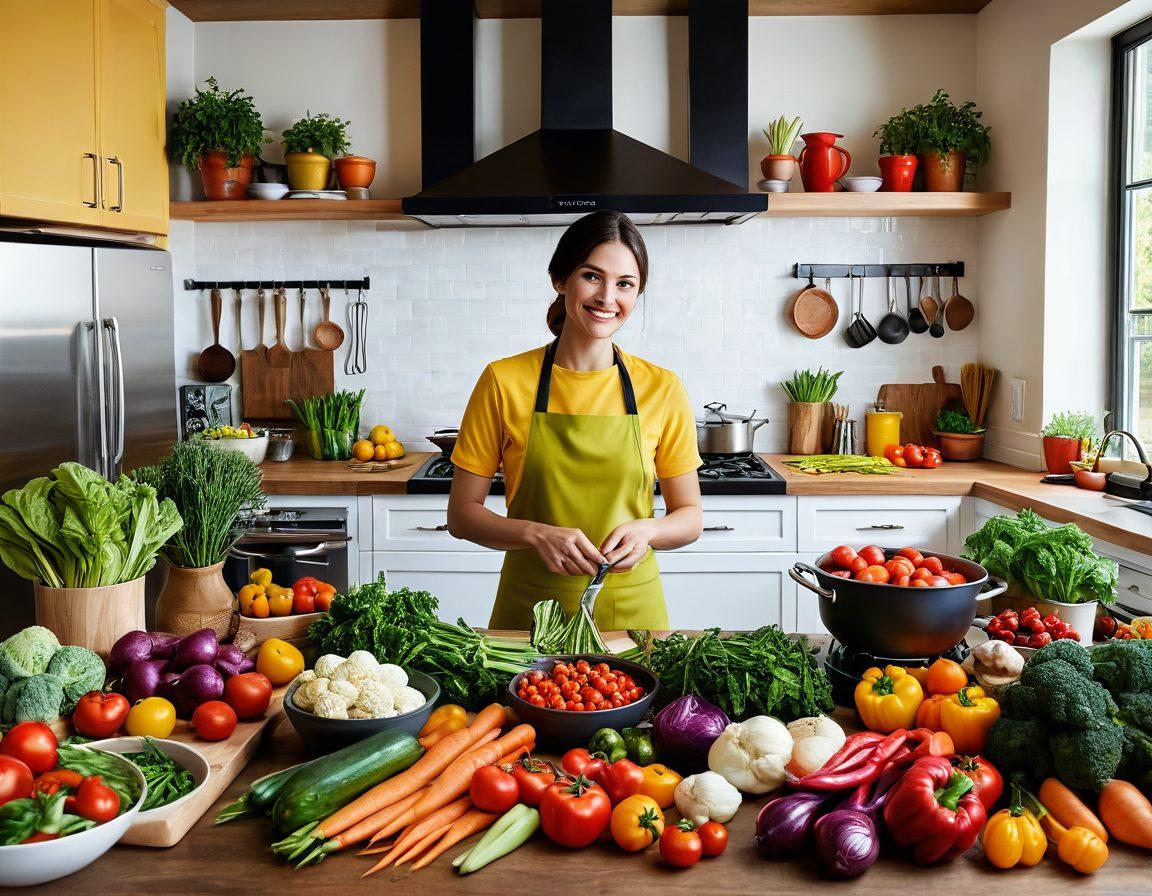 A vibrant kitchen scene showcasing high-quality cooking instruments, like gleaming knives, a colorful array of fresh vegetables, and elegant pots and pans. Add a cheerful chef in the midst of meal prep, infused with joy and creativity, surrounded by aromatic herbs and a warm, inviting atmosphere. The backdrop should have cozy lighting and stylish kitchen decor to evoke a sense of culinary mastery. super-realistic. warm tones. bright colors.