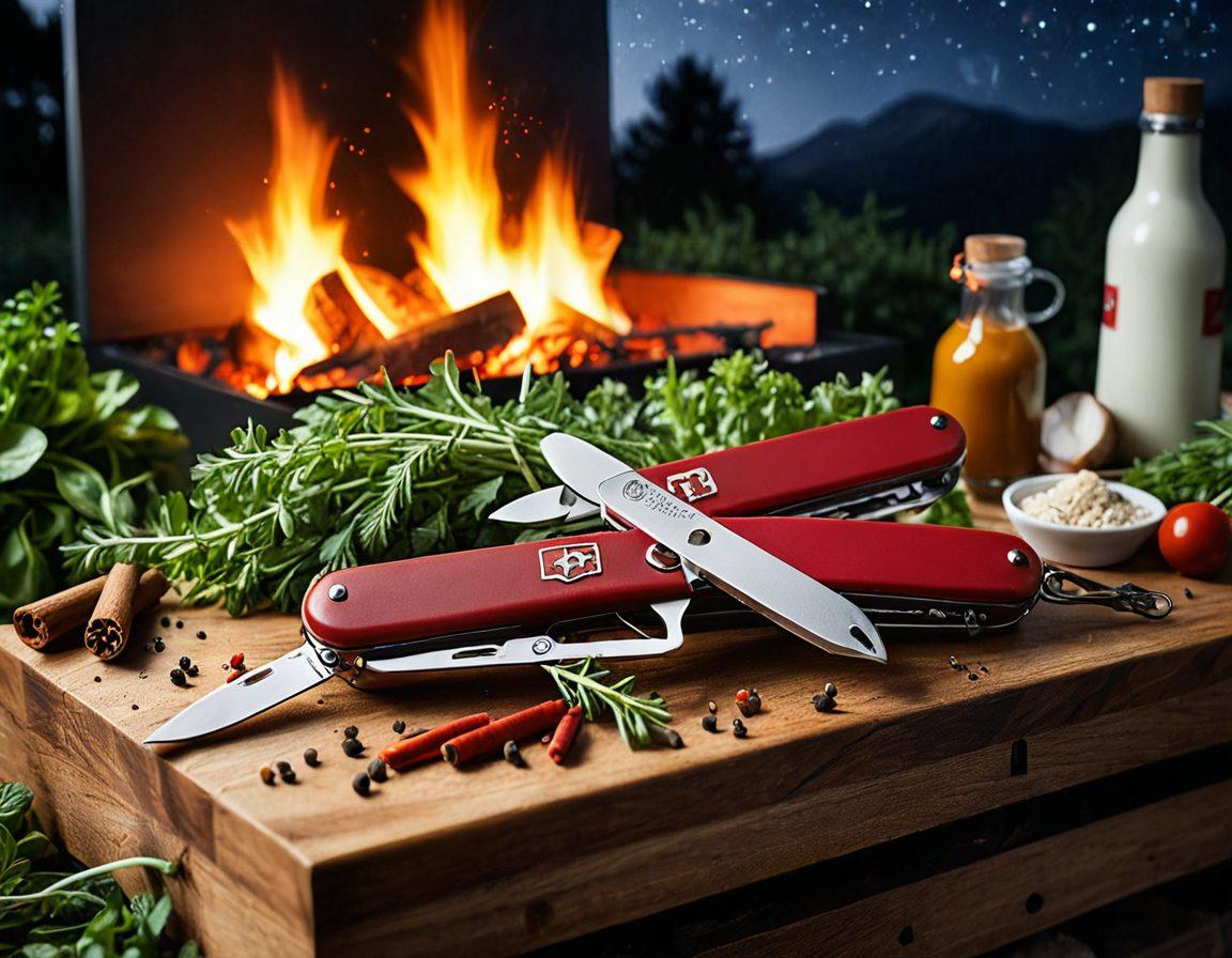 A captivating scene depicting a Victorinox Swiss Army knife being used in a gourmet kitchen, surrounded by fresh ingredients like herbs and spices, transitioning into an outdoor setting with the knife skillfully preparing food by a campfire under a starry sky. Incorporate elements of culinary precision and adventure, with vibrant colors highlighting the contrast between indoor gourmet cooking and the rugged outdoor experience. super-realistic. vibrant colors. dynamic composition.